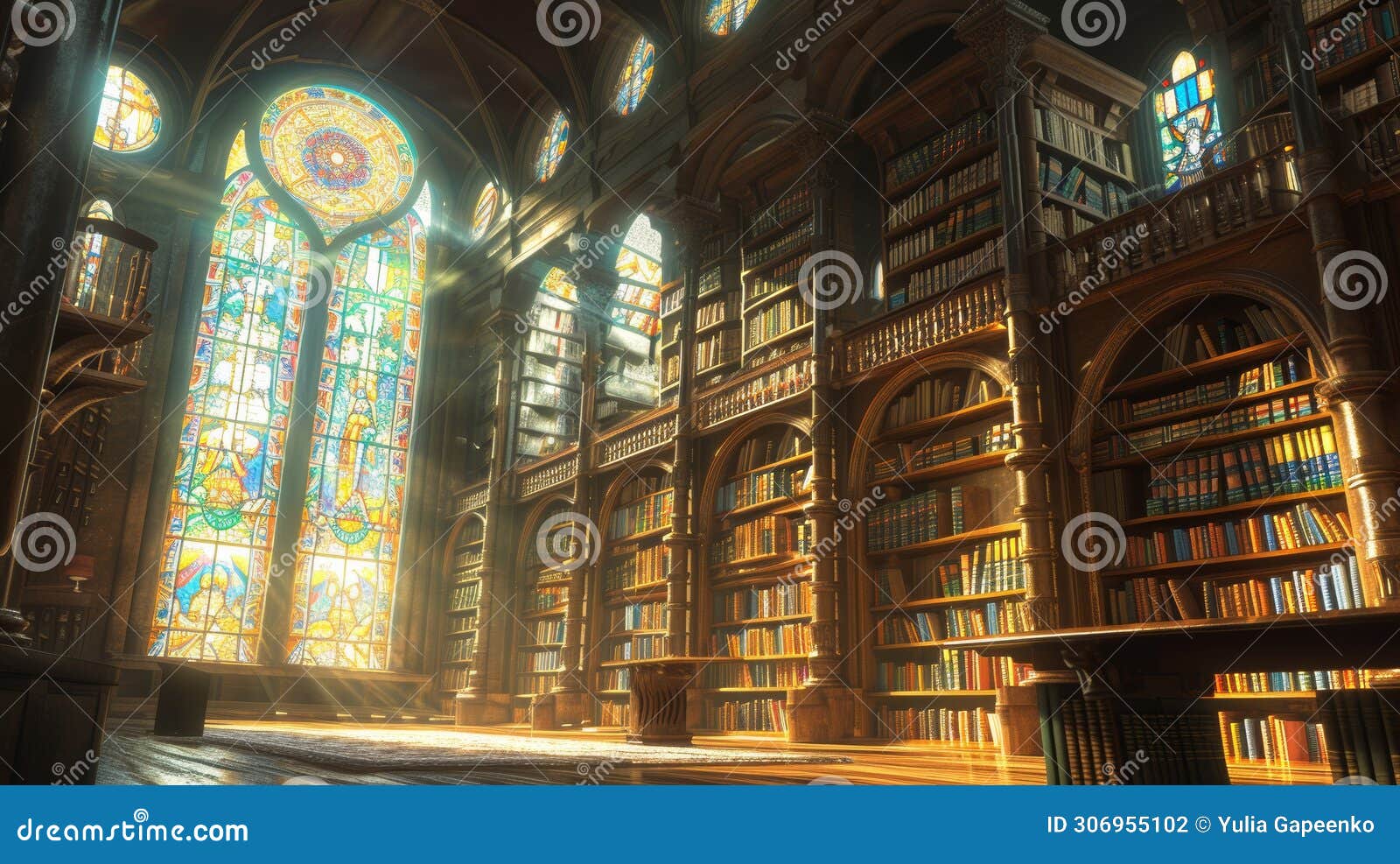 An Evocative Illustration Of A Grand Library With Towering Shelves Of Books And Soft Lighting