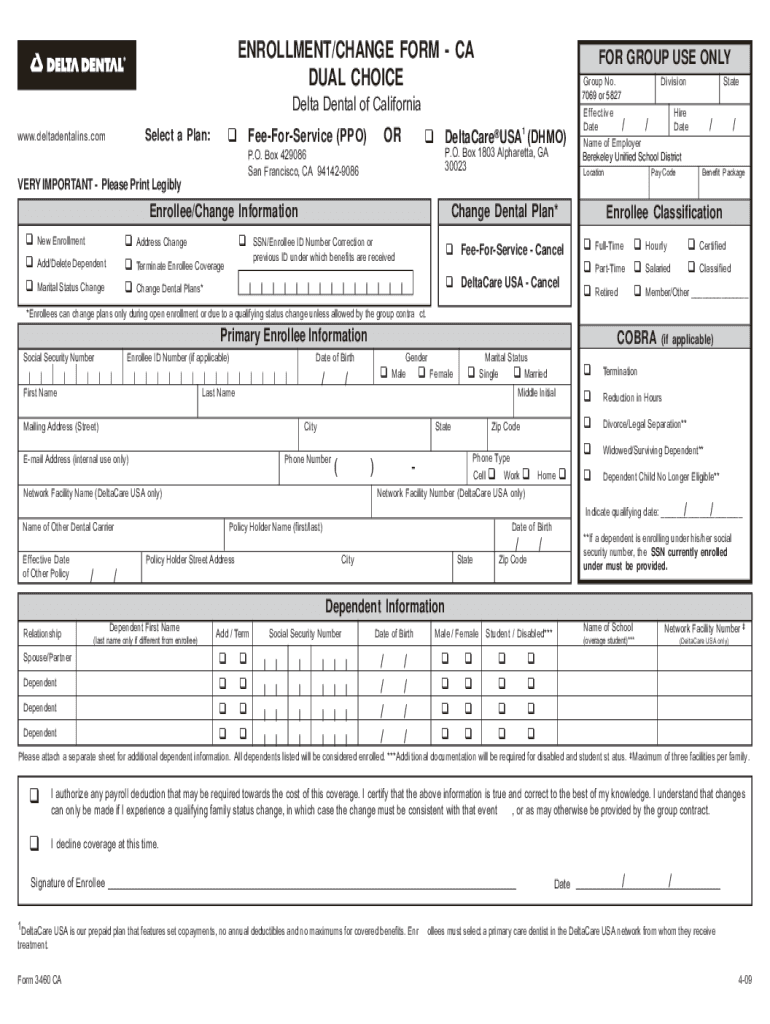 Fillable Online Delta Dental Dual Choice Enrollment Change Form Fax